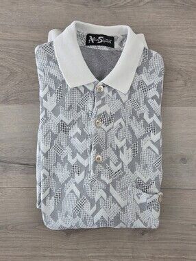 Alan Stuart Knit Polo Shirt Mens XL White Long Sleeve Chest Pocket Abstract